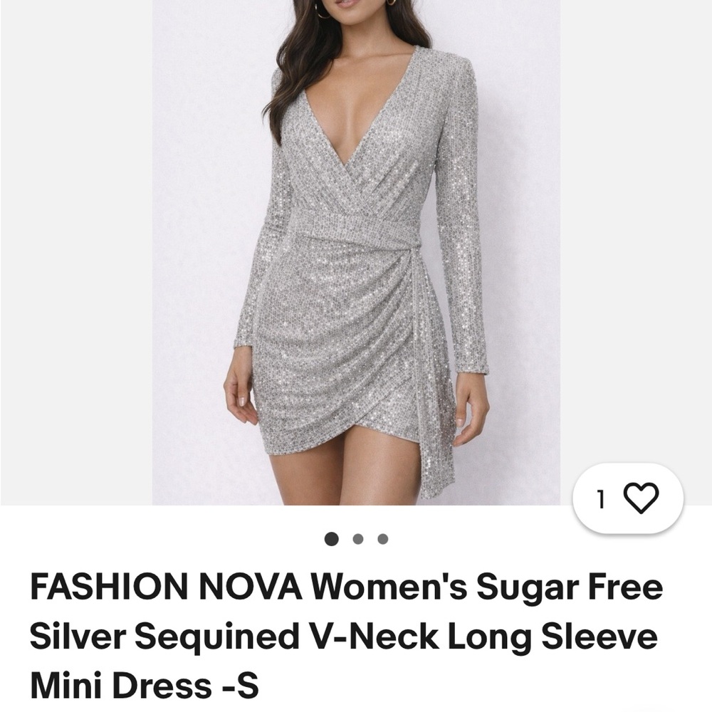 Fashion Nova Silver Sequin V-Neck Long Sleeve Mini Dress